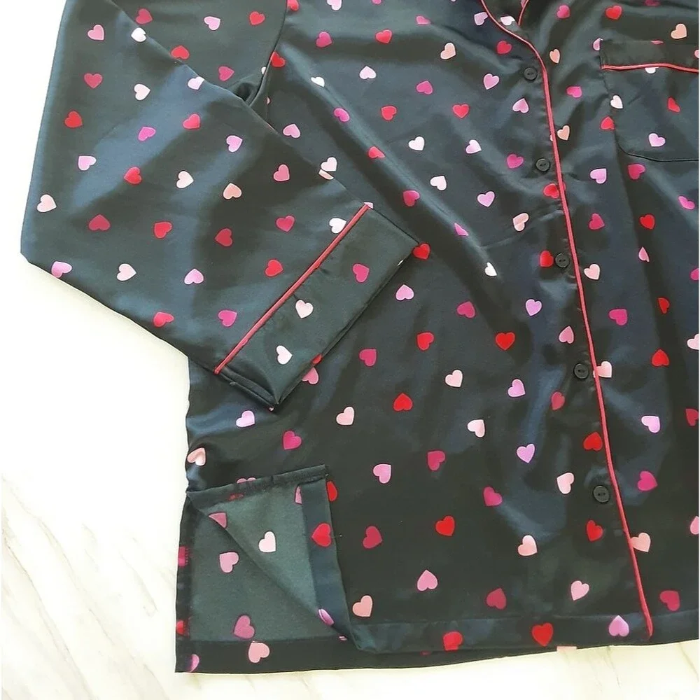 VICTORIA'S SECRET Black Satin Pink Hearts Pajama Shirt Sz XL